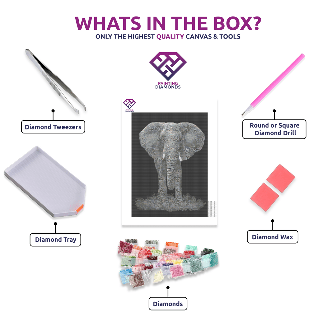 Black & White Elephant diamond painting kit contents shown together