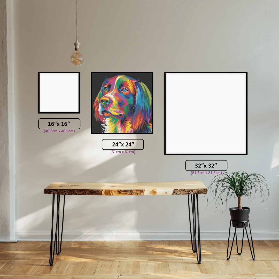 Colourful Dog diamond painting displayed in a room setting