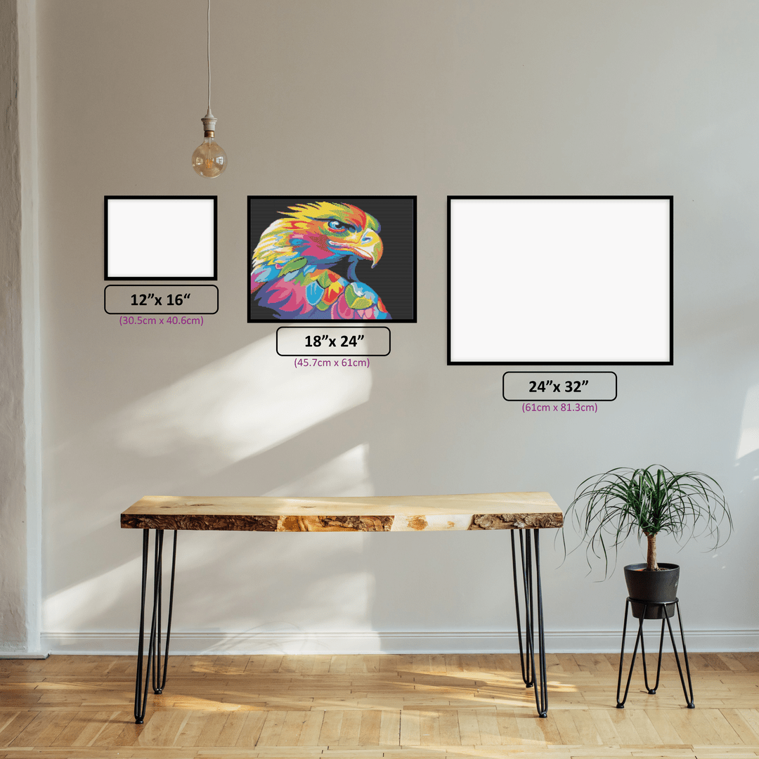 Colourful Eagle diamond painting displayed in a room setting
