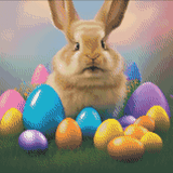 Colourful Easter Bunny artwork shown as a completed diamond painting preview