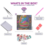 Colourful Easter Egg diamond painting canvas with tweezers, applicator pen, tray, wax and coloured drills