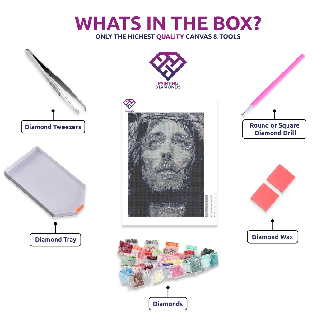 Crown of Thorns diamond painting kit contents shown together
