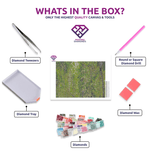 Daintree Enchantment diamond painting canvas with tweezers, applicator pen, tray, wax and coloured drills