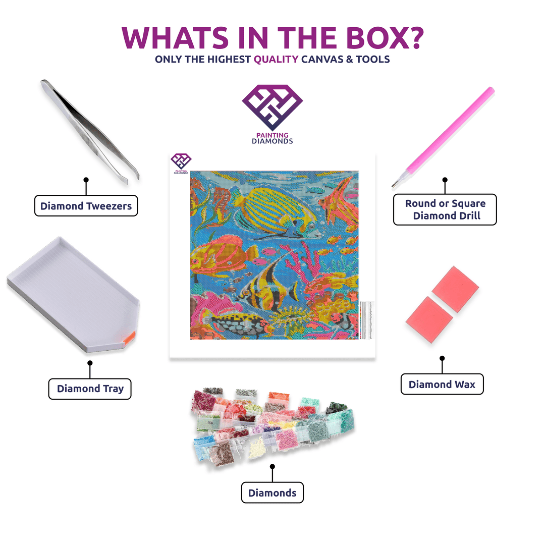 Fish in the Sea diamond painting kit contents shown together