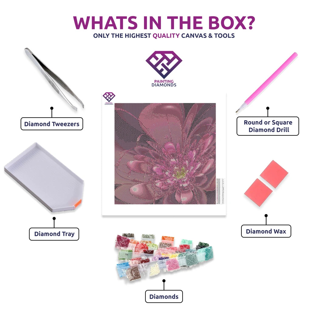 Futuristic Floral Fusion diamond painting kit contents shown together