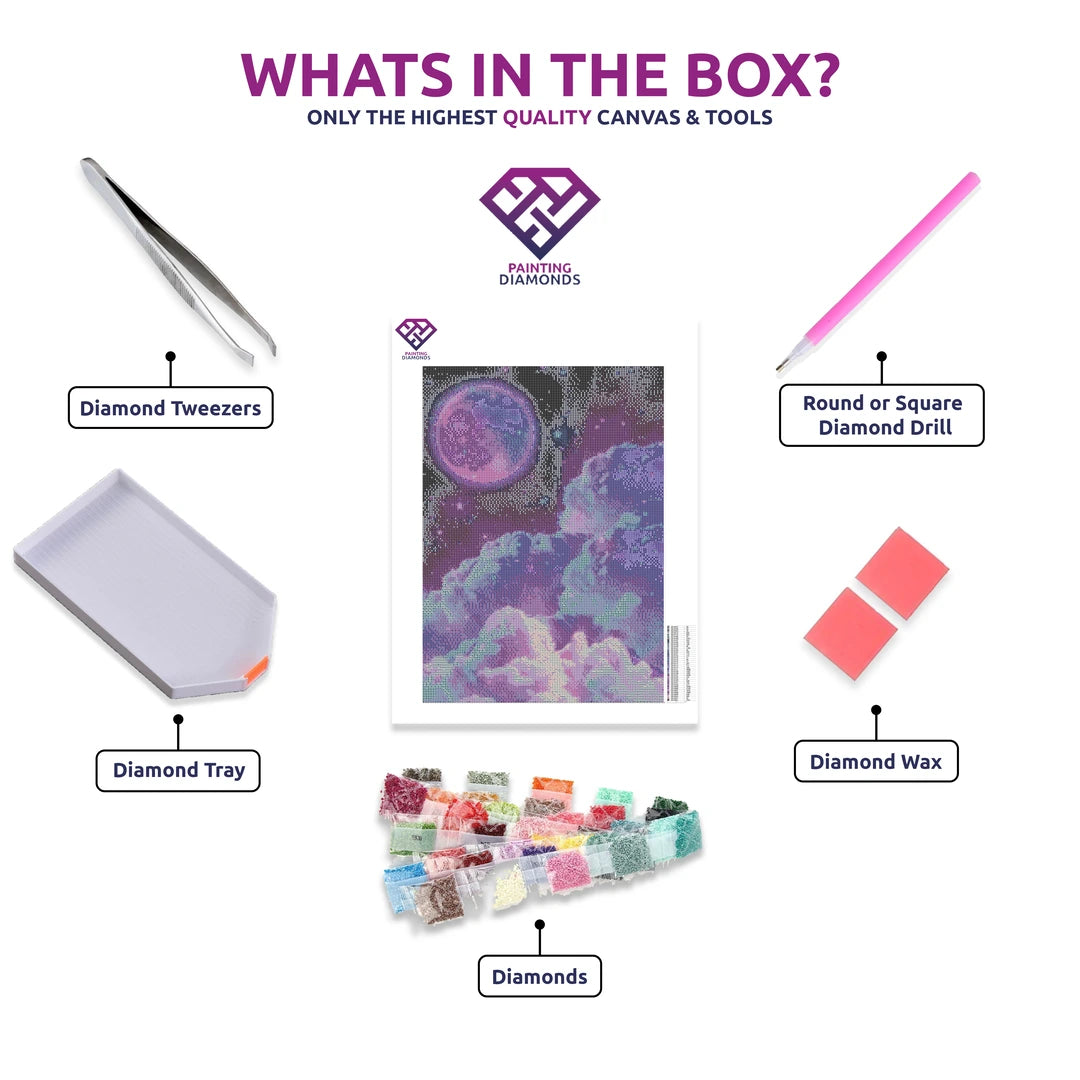Galactic Sky diamond painting canvas with tweezers, applicator pen, tray, wax and coloured drills