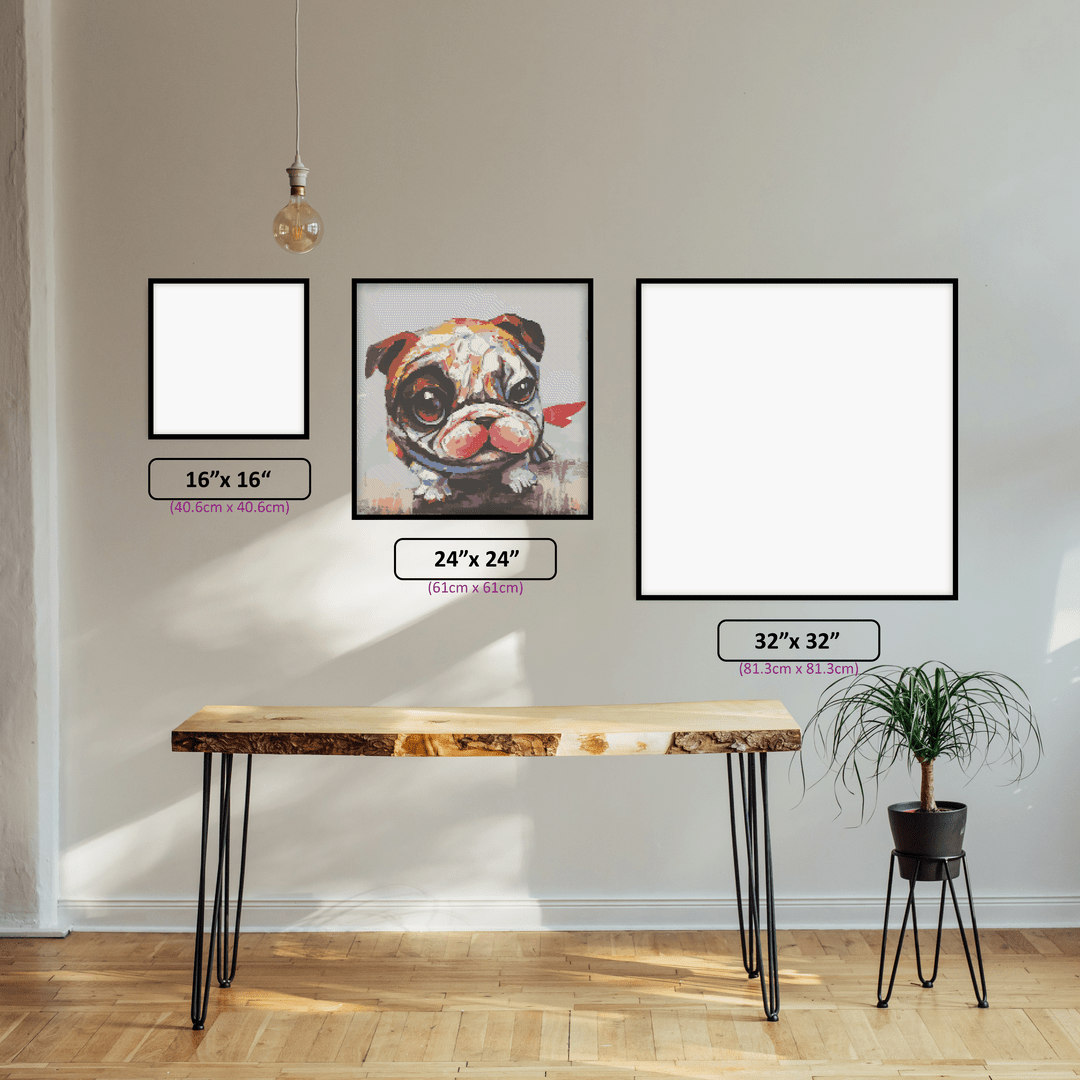 Happy Bulldog diamond painting displayed in a room setting
