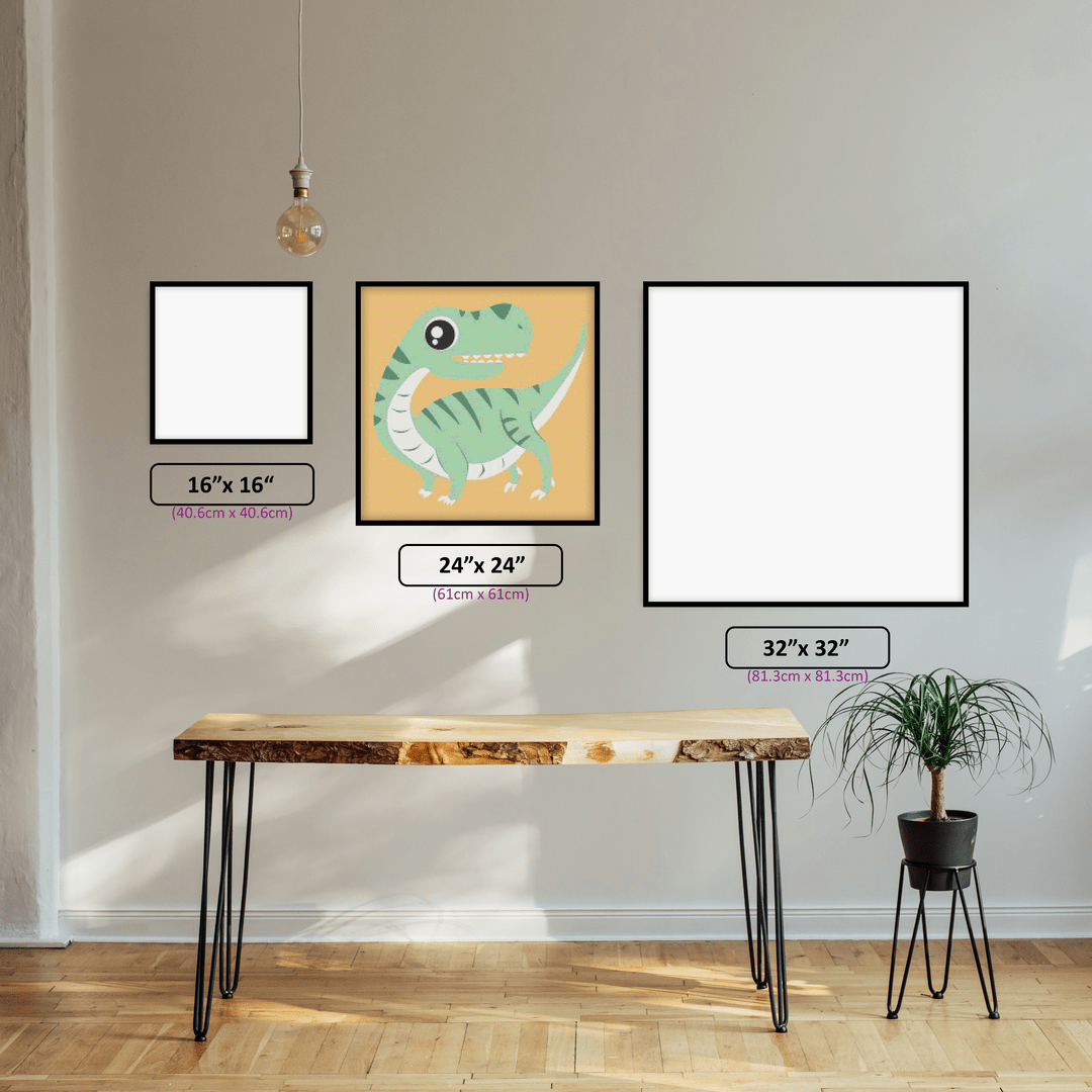 Happy Lil' Dinosaur diamond painting displayed in a room setting
