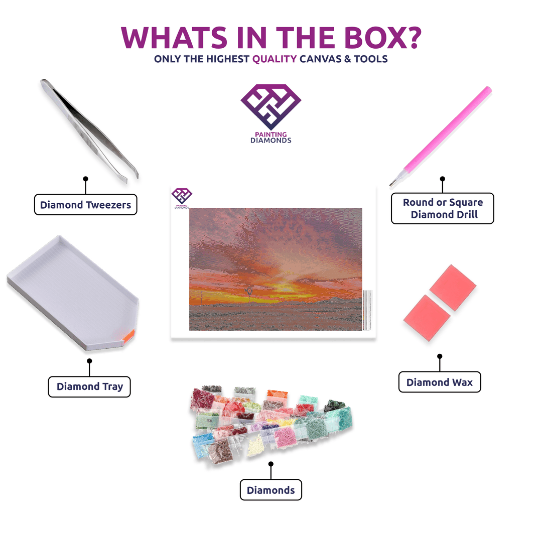 Hunter Valley Haven diamond painting canvas with tweezers, applicator pen, tray, wax and coloured drills