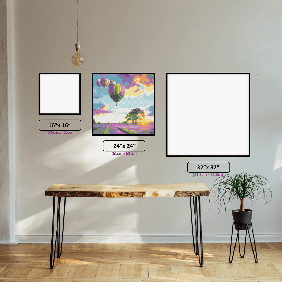 Lavender Fields diamond painting displayed in a room setting