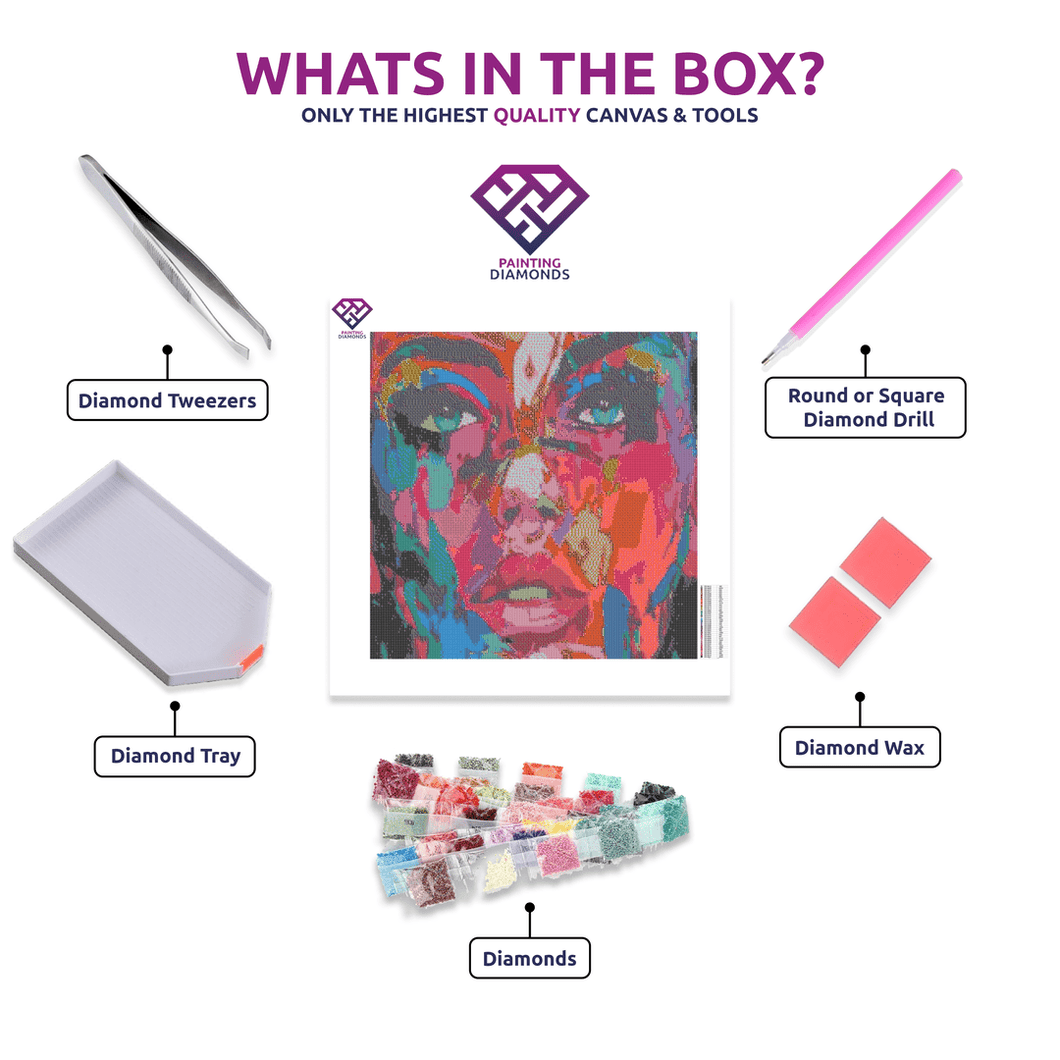 Modern Woman diamond painting canvas with tweezers, applicator pen, tray, wax and coloured drills