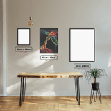 Neon Turtles' Embrace diamond painting displayed in a room setting