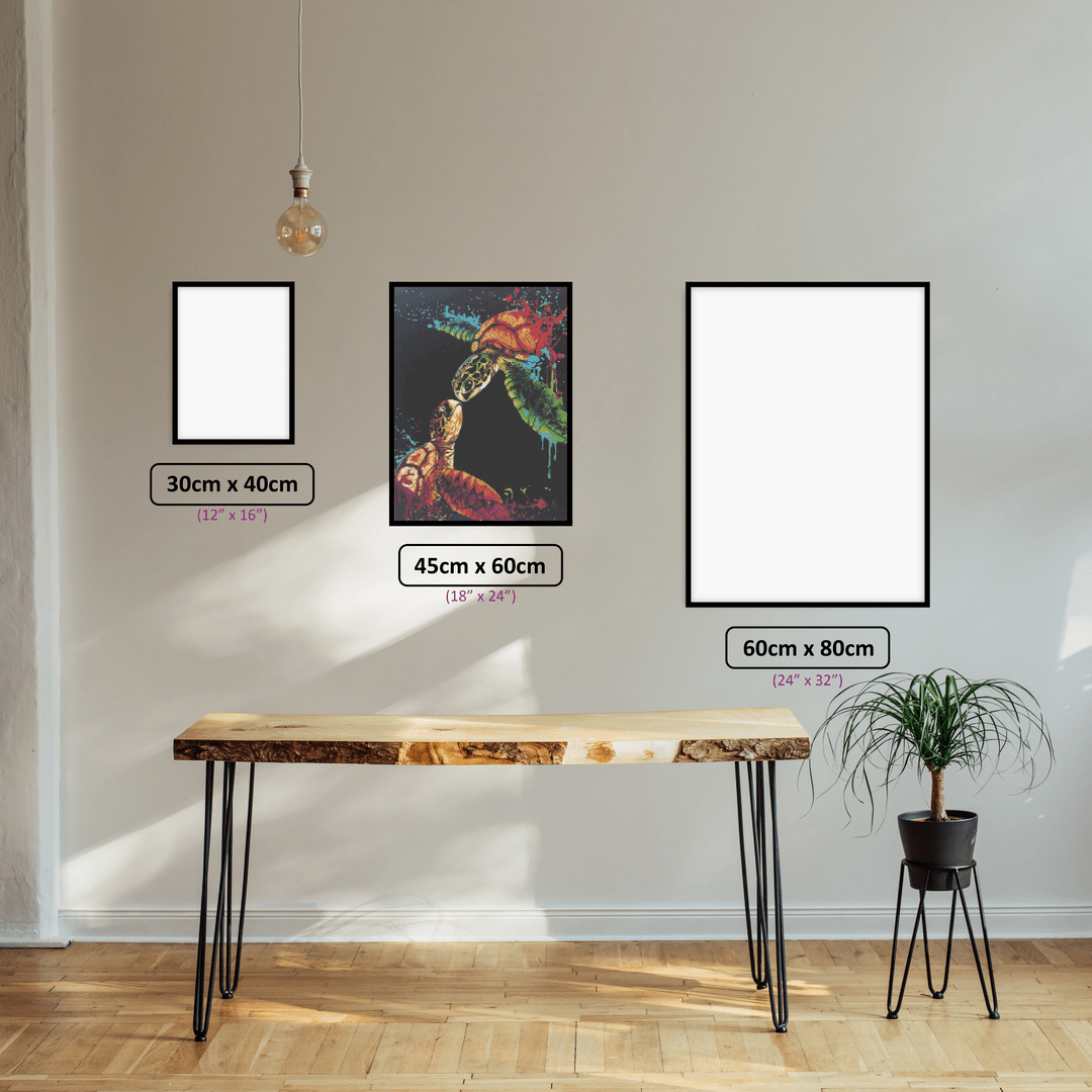 Neon Turtles' Embrace diamond painting displayed in a room setting