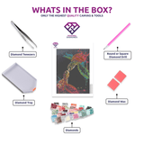 Neon Turtles' Embrace diamond painting kit contents shown together