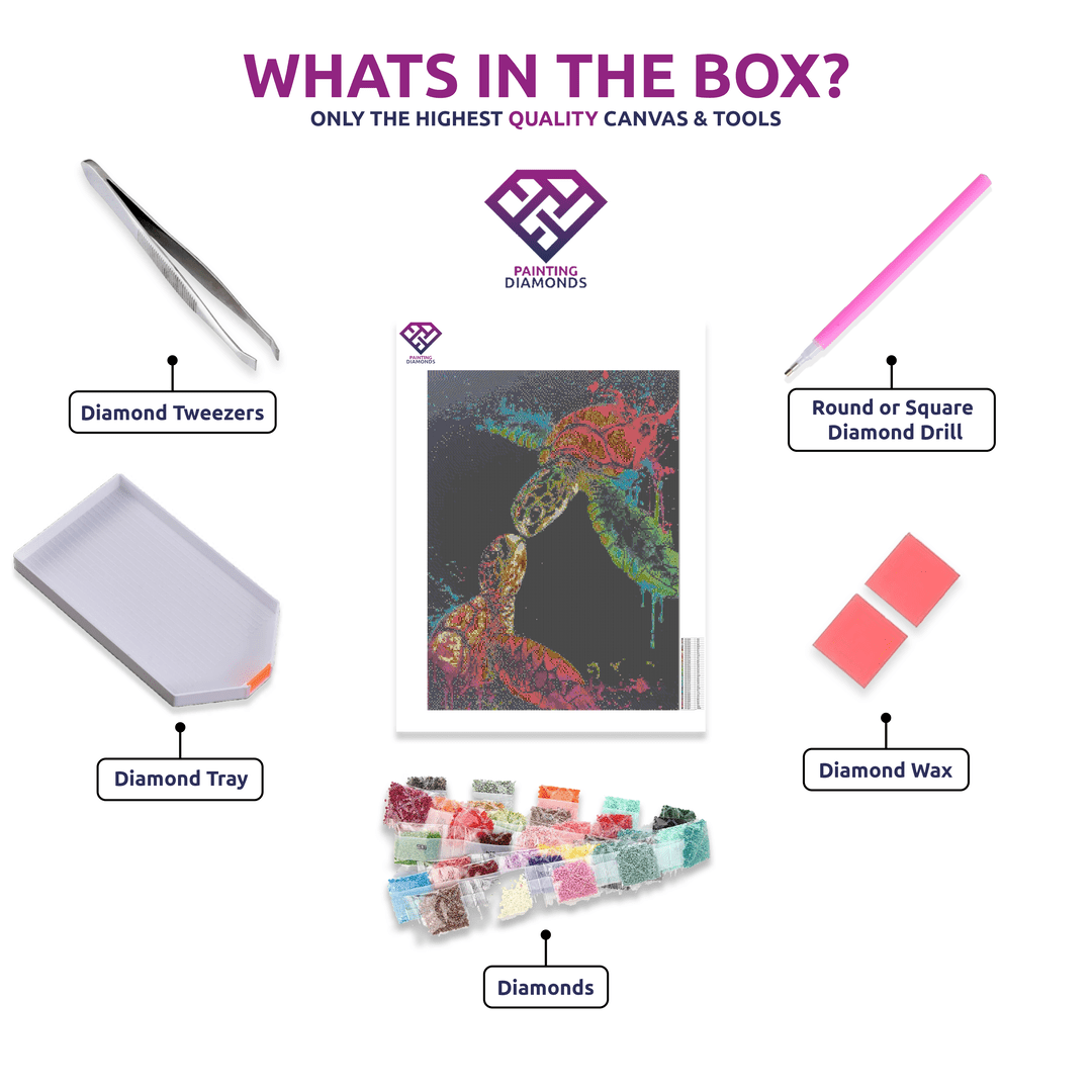 Neon Turtles' Embrace diamond painting kit contents shown together