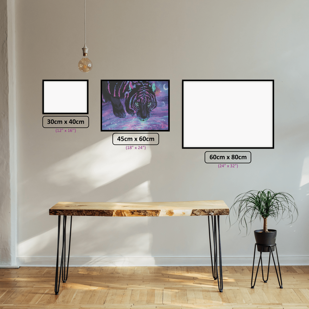 Opalescent Tiger diamond painting displayed in a room setting
