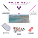 Pinky Beach diamond painting canvas with tweezers, applicator pen, tray, wax and coloured drills