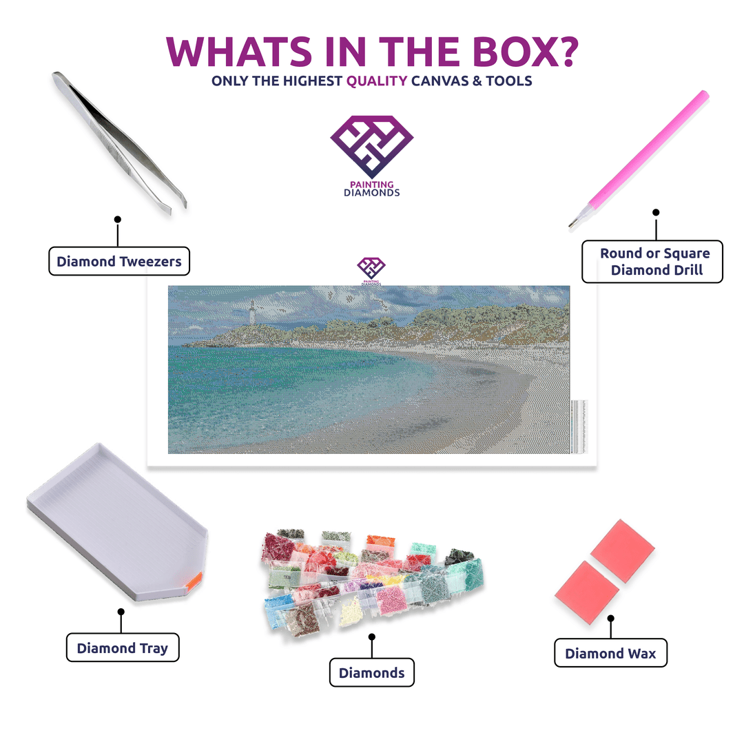 Pinky Beach diamond painting canvas with tweezers, applicator pen, tray, wax and coloured drills