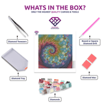 Rainbow Kaleidoscope diamond painting kit contents shown together