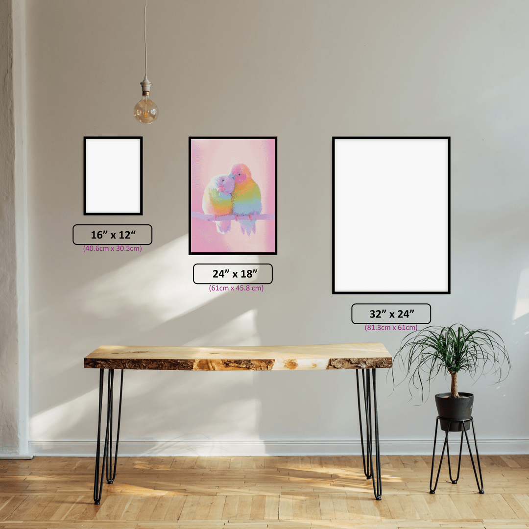 Rainbow Love Birds diamond painting displayed in a room setting