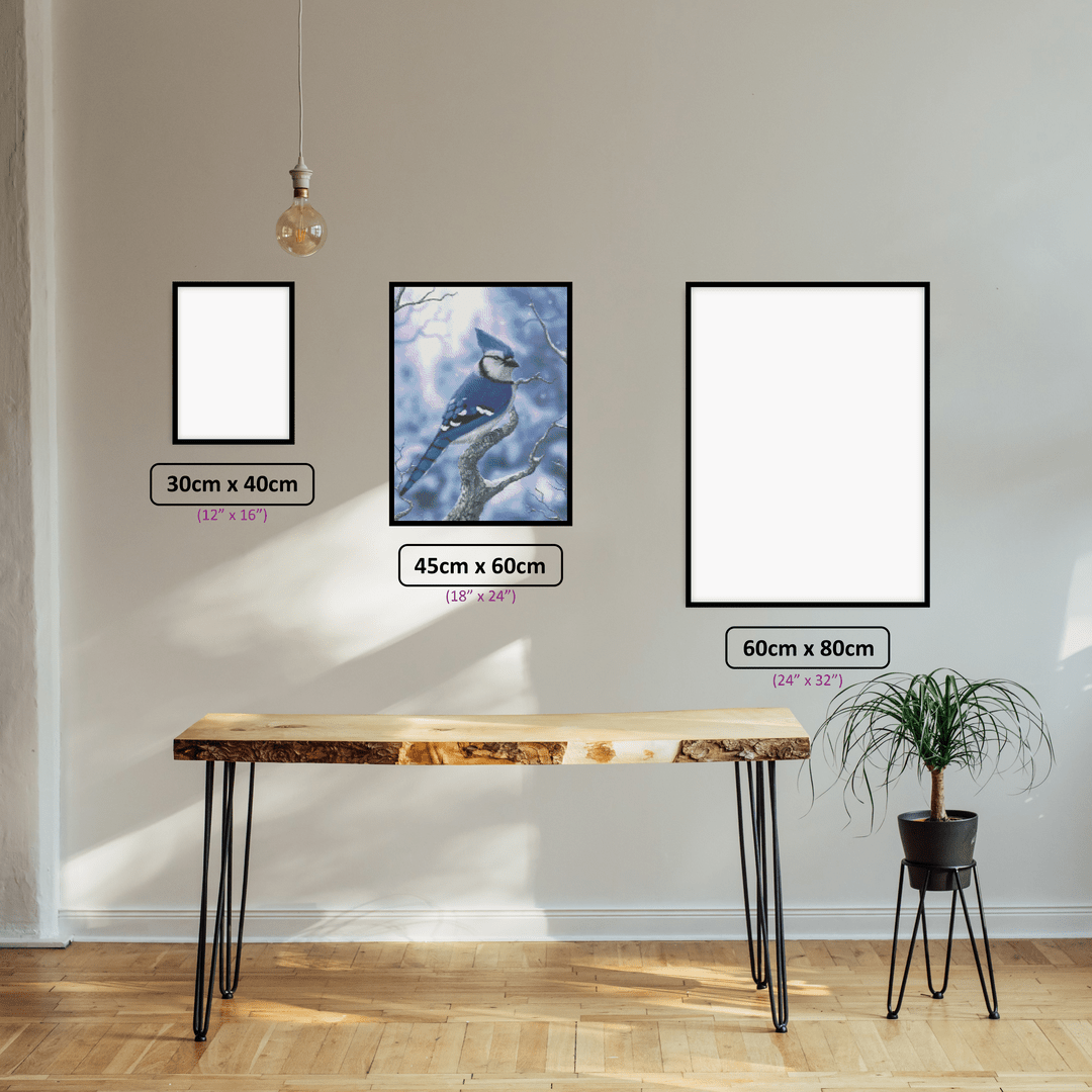 Snow-Kissed Blue Jay diamond painting displayed in a room setting