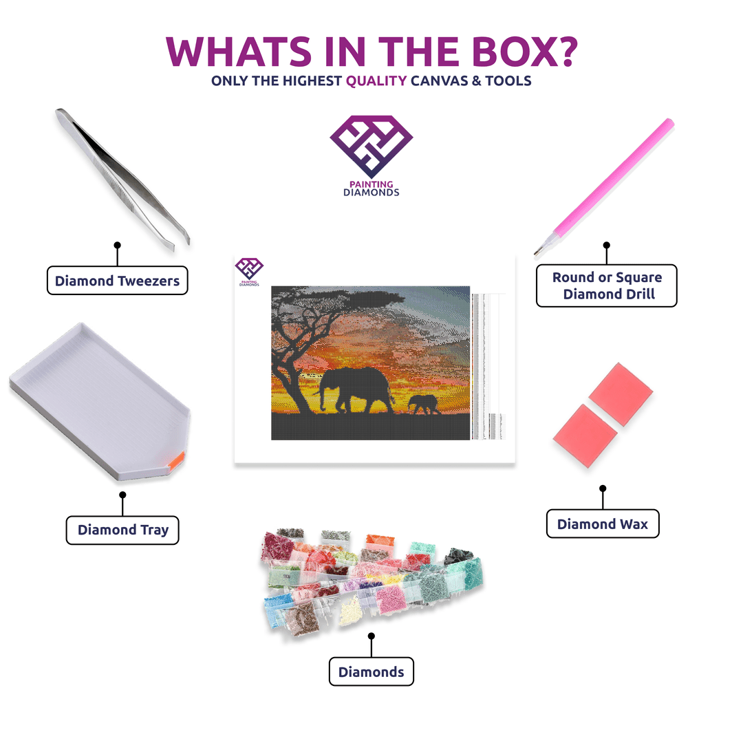 The Savannah diamond painting canvas with tweezers, applicator pen, tray, wax and coloured drills