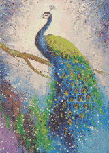 Vibrant Peacock Plumage artwork shown as a completed diamond painting preview