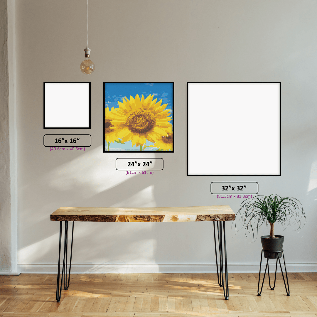 Vibrant Sunflower diamond painting displayed in a room setting