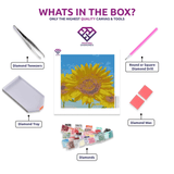 Vibrant Sunflower diamond painting kit contents shown together