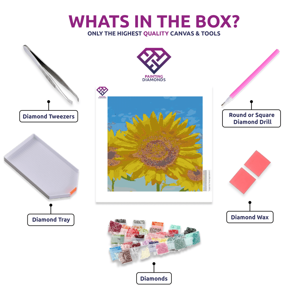 Vibrant Sunflower diamond painting kit contents shown together
