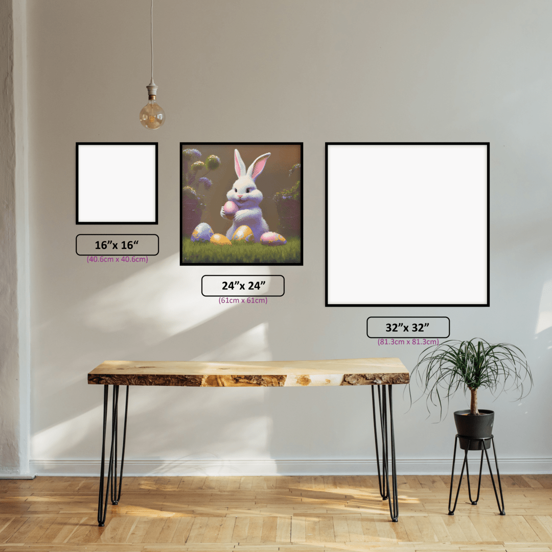 White Easter Bunny diamond painting displayed in a room setting